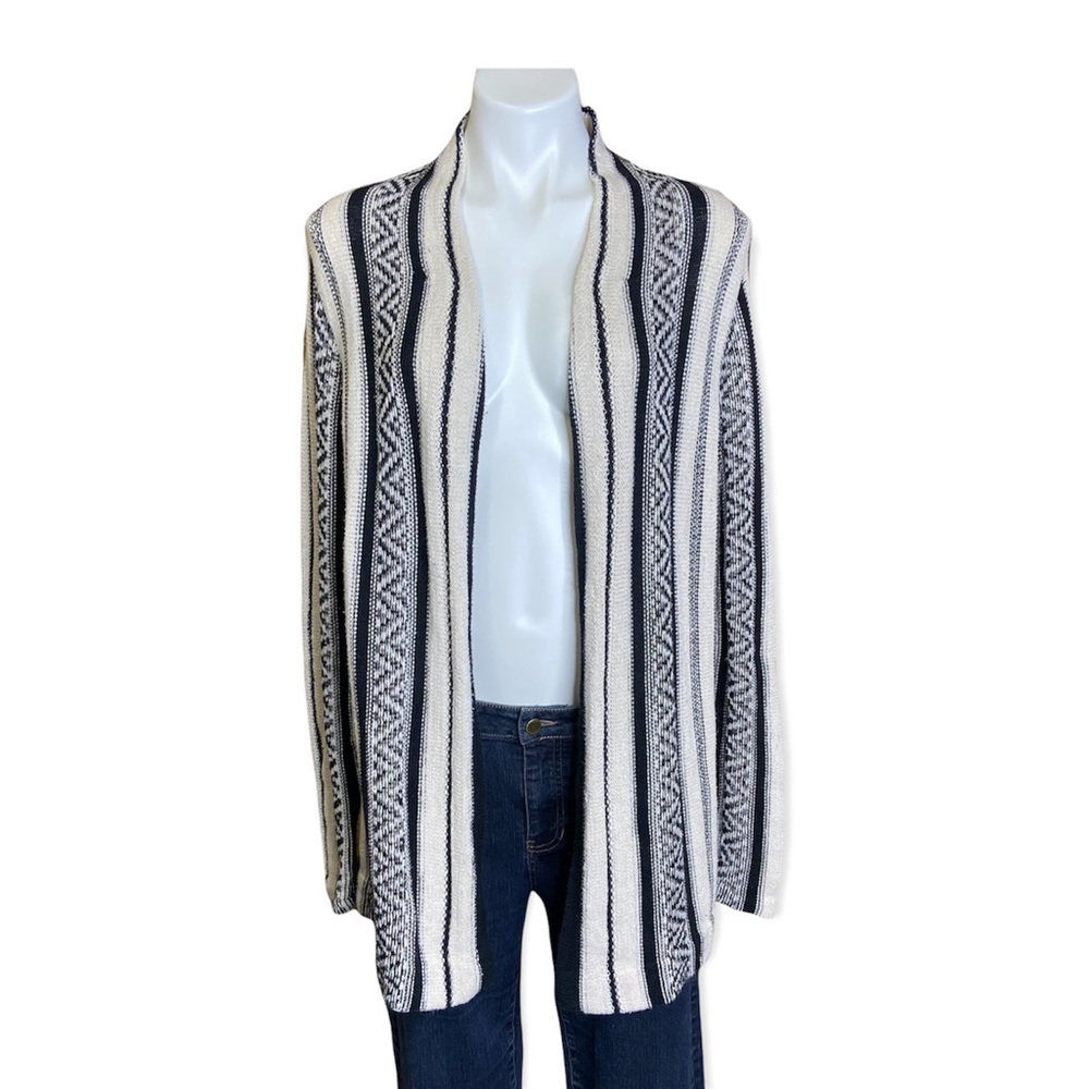 CHAPS Aztec Striped Cardigan Sweater Open Front Black Cream Large